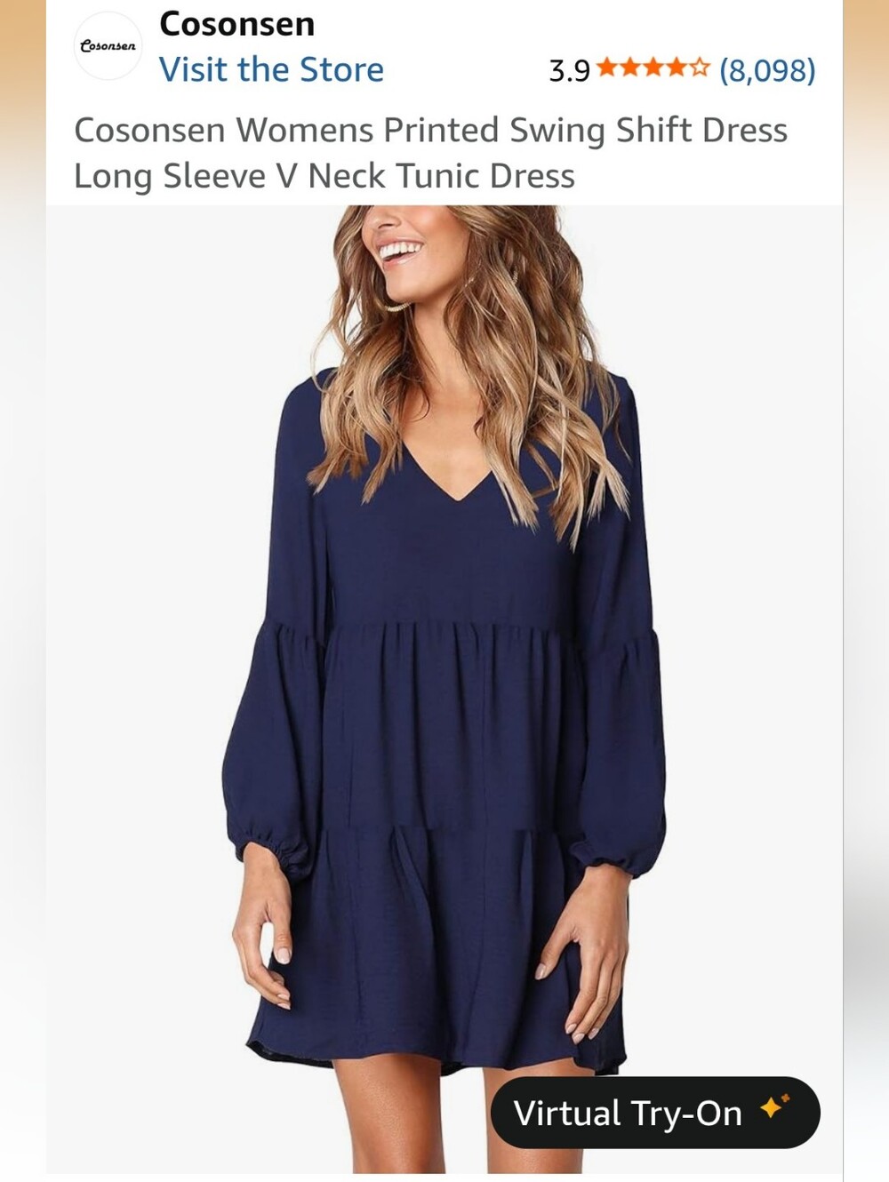 Amazon Women's Navy Blue V-Neck Tiered Tunic